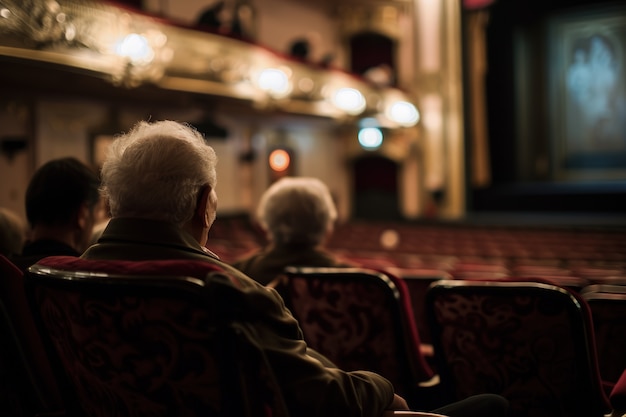 Retro world theatre day scenes with audience sitting in the stalls of a theatre