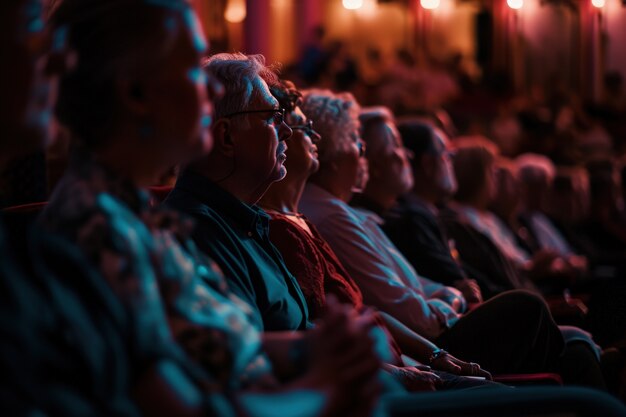 Retro world theatre day scenes with audience sitting in the stalls of a theatre