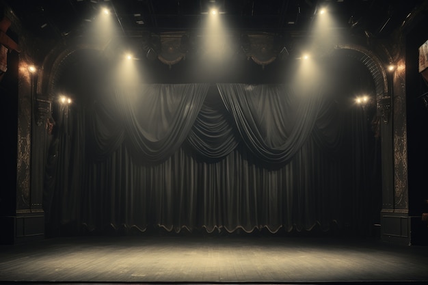 Retro world theatre day scenes with curtains and stage
