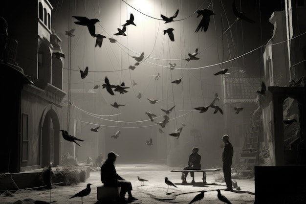 retro world theatre day scenes with flying birds