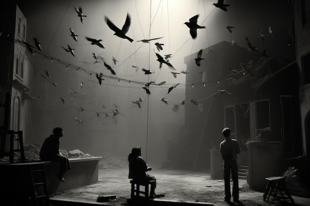 무료 사진 날아다니는 새가 있는 복고풍 세계 연극의 날 장면
