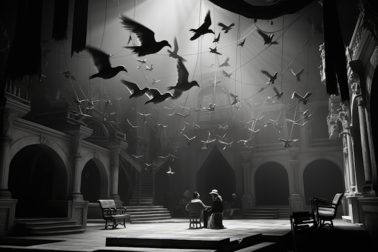 Free Photo retro world theatre day scenes with flying birds