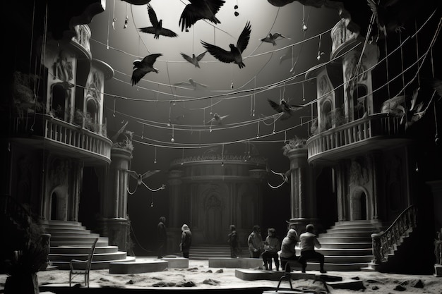 鳥が飛んでいるレトロな世界劇場の日のシーン