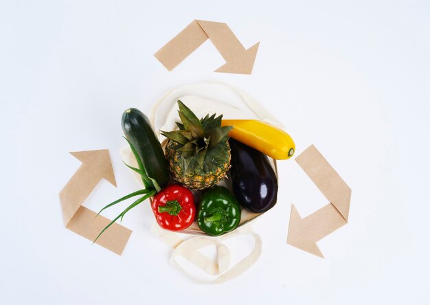 Reusable bag of vegetable and recycling symbol