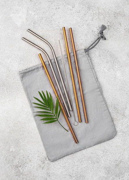 Reusable metal straws in a bag