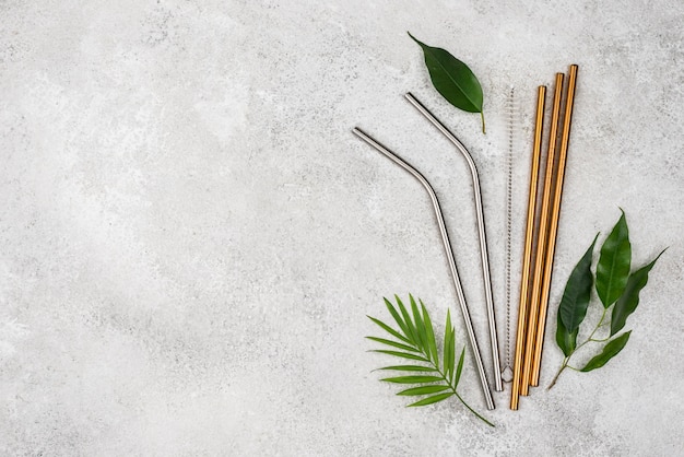 Reusable metal straws and leaves copy space
