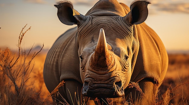 Free photo rhinoceros stands proudly in its natural habitat at dusk