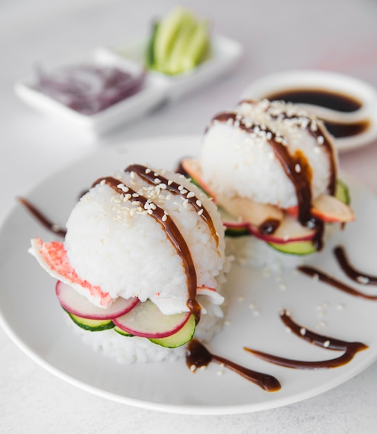 Rice balls with seafood and vegetables