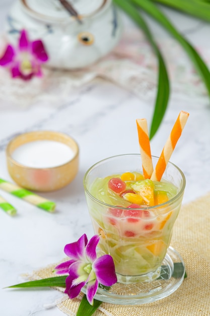 Rice Flour Jelly in Sweet Coconut Milk.