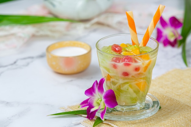 Rice Flour Jelly in Sweet Coconut Milk.