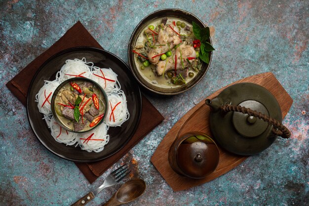 Rice Noodles, Chicken Green Curry, Coconut Milk Thai Food.