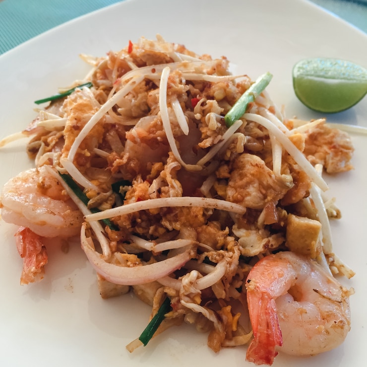 Free Photo rice noodles with shrimps and vegetables close-up on the table. top view of a horizontal