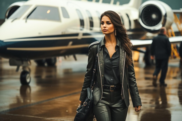 Бесплатное фото Богатая деловая женщина выходит из частного самолета в дождливую погоду на взлетно-посадочной полосе идея успеха