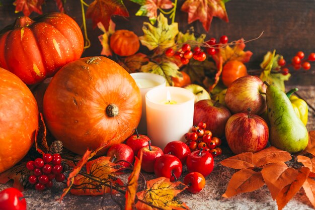 Rich harvest of vegetables and fruits on table