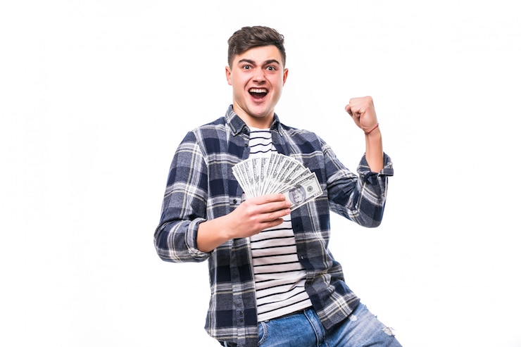 Free Photo rich man in casual clothing holding fan of money