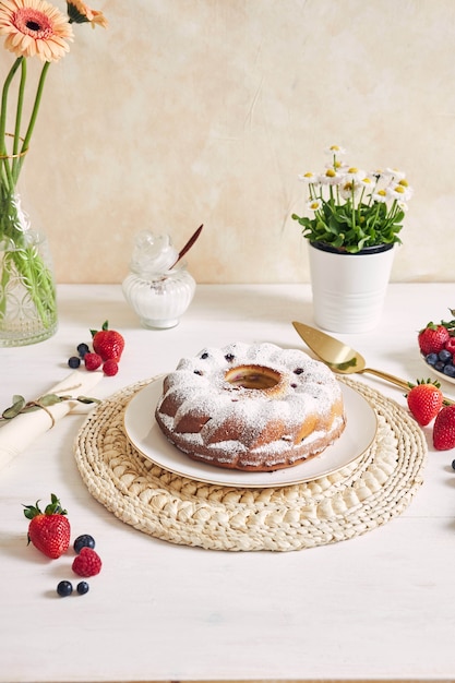 Ring cake with fruits and powder on a white table with white surface