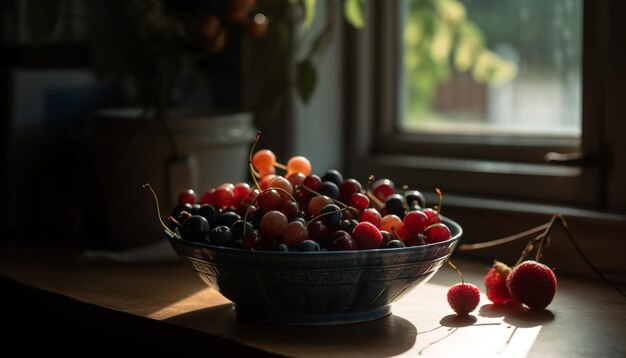 Ripe berry fruit bowl on rustic wooden table generated by AI