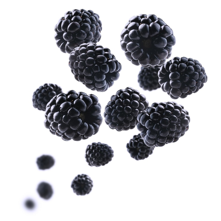 Ripe blackberries levitate on a white background