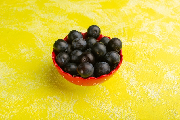 ripe blackthorns inside red plate on yellow