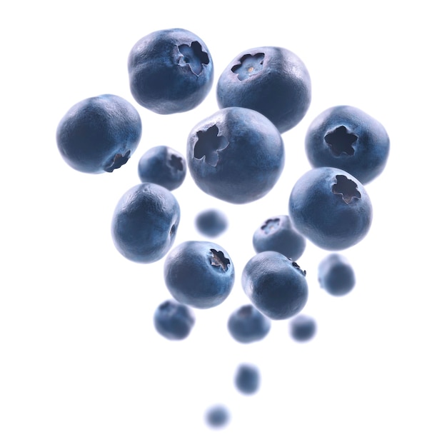 Ripe blueberries levitate on a white background