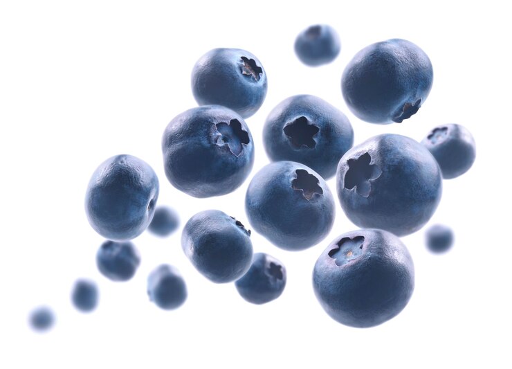 Ripe blueberries levitate on a white background
