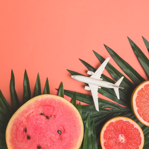 Спелые фрукты и игрушечный самолетик