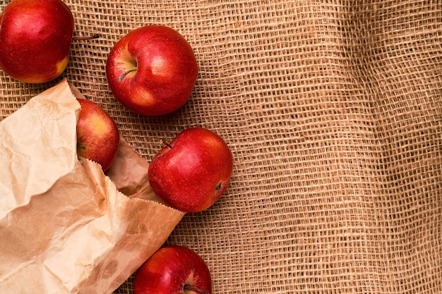 Ripe juicy red apples float out of a paper bag on a background of coarse burlap top view flat lay with copy space first summer harvest