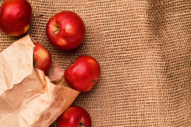 익은 즙이 많은 빨간 사과는 거친 삼베 배경에 있는 종이 봉지에서 떠 있습니다. 복사 공간이 있는 평면도 첫 번째 여름 수확