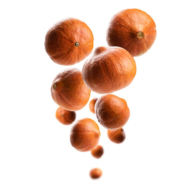 Ripe pumpkins levitate on a white background