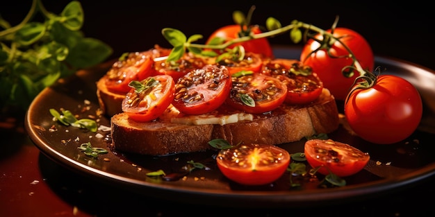 Бесплатное фото Зрелые томатные кусочки на хлебе с песто, простой закуской