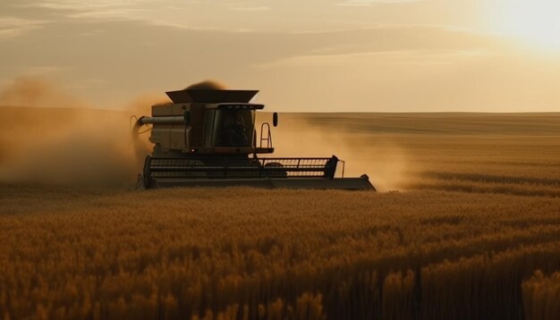 Ripe wheat harvested at sunset with machinery generated by AI
