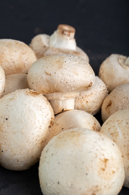 Ripe white mushrooms on dark background