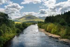 Free photo river flowing through the trees and mountains in scotland