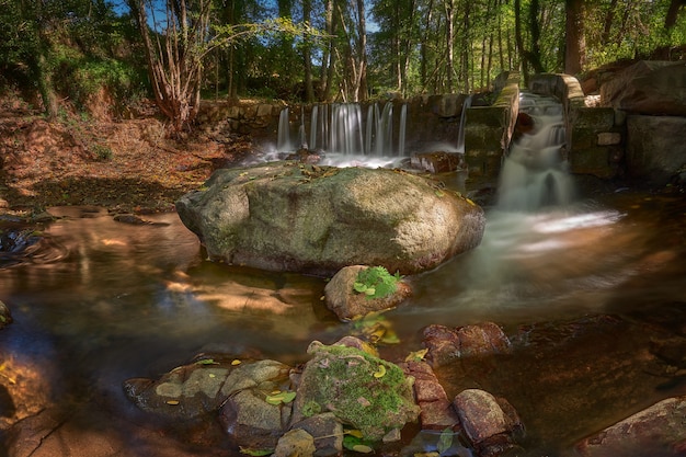 River with long exposure surrounded by rocks and greenery in a forest under the sunlight