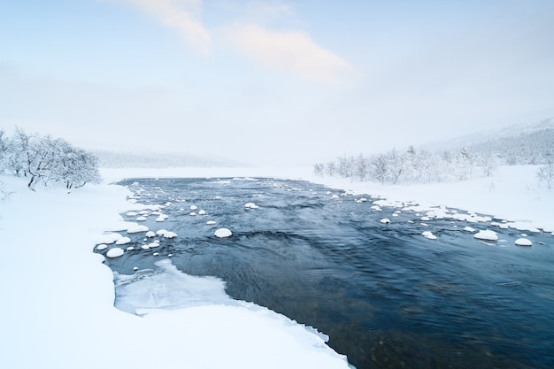 スウェーデンの冬は雪が積もった川と近くの森が雪に覆われています