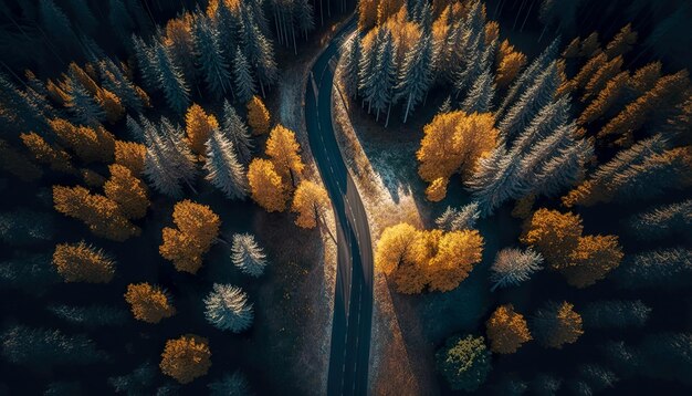 Road for a car among the forest top view