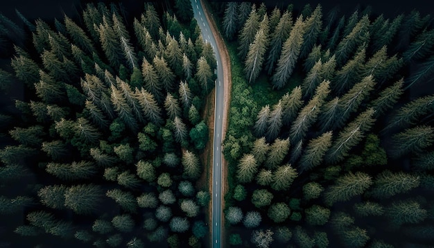 Road for a car among the forest top view