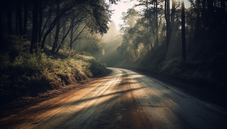 Free Photo a road in the forest with the sun shining on it