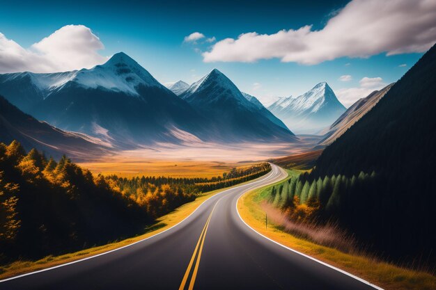 A road leading to a mountain range with a blue sky and clouds.