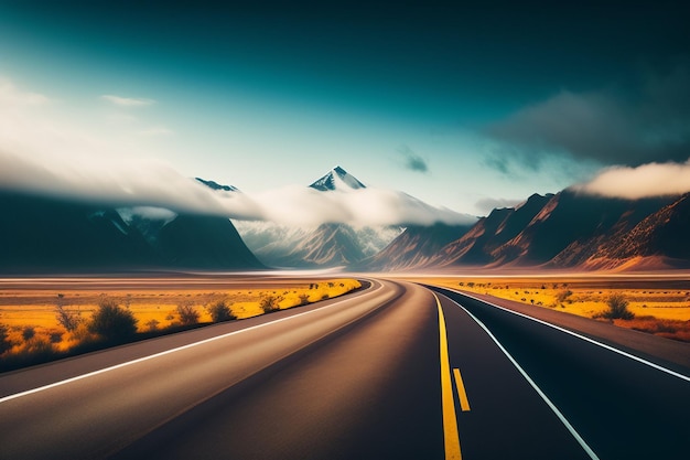 Free photo a road leading to mountains with a blue sky and clouds