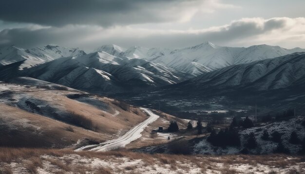 A road leading to a snowy mountain range