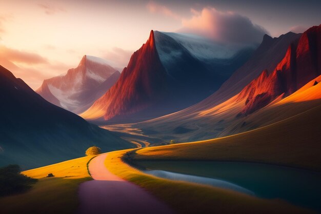 A road in the mountains with a cloudy sky