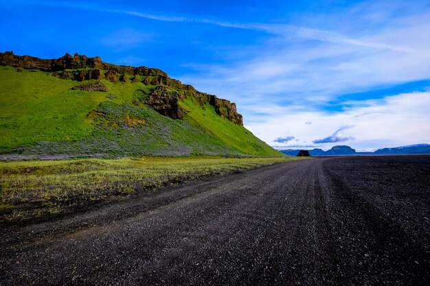 青空の下で草が茂った山の近くの道路