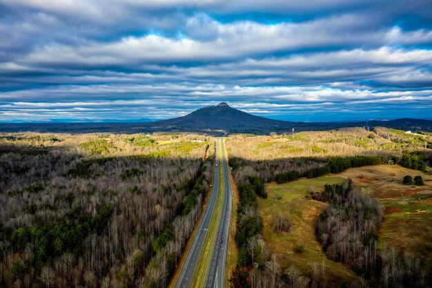 Road to Pilot Mountain in North Carolina on a cloudy winter day
