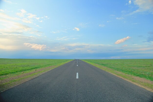 Road surrounded by fields of grass under a blue sky