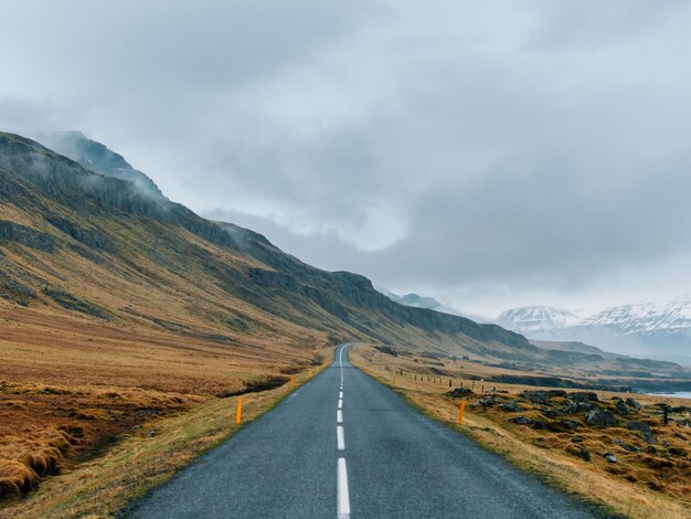 Road surrounded by rocks covered in greenery and snow under a cloudy sky and fog