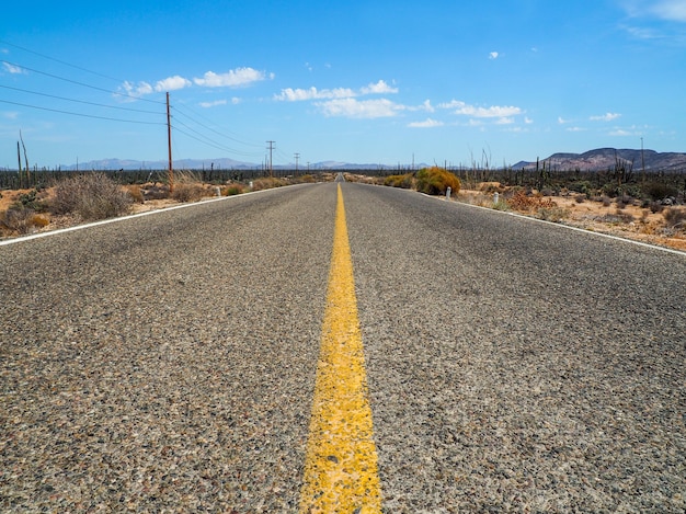 Road through a desert landscape under a blue sky