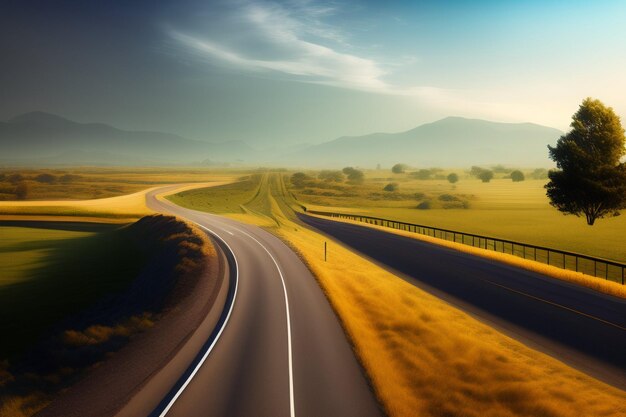 A road with a field and mountains in the background