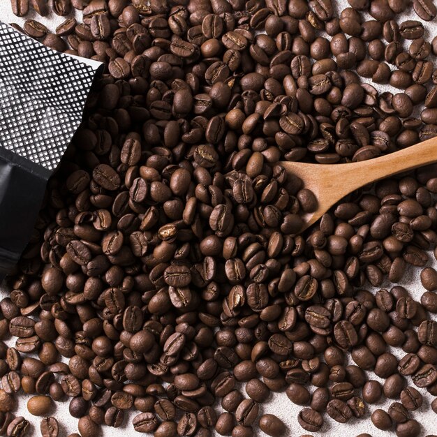 Roasted beans of tasteful coffee and spoon