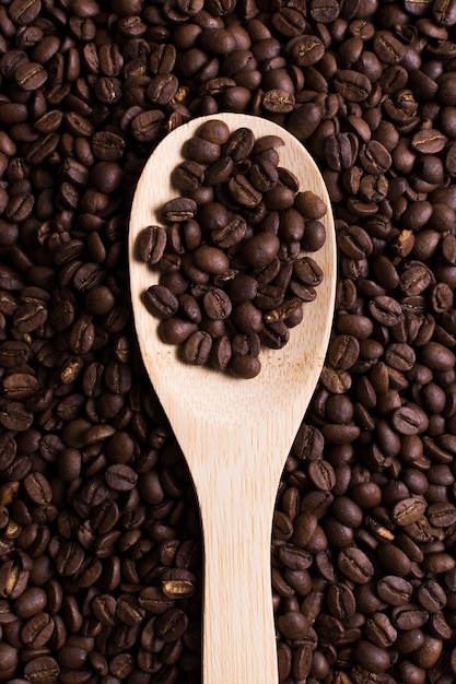 Roasted beans of tasteful coffee in spoon